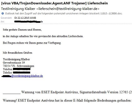 Diese Phishing-E-Mail erreichte die impulse-Redaktion, angeblicher Versender: die Textilreinigung Klaiber.