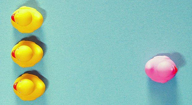 Die Haltung der gelben Enten ist deutlich: Pinke Enten unerwünscht! Diskriminierung dieser Art in Stellenanzeigen ist riskant.