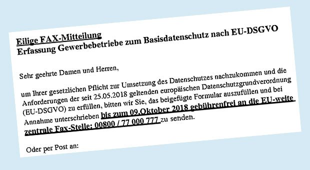 Ausschnitt aus dem Fax der Datenschutzauskunft-Zentrale: Im Behördenton versucht der Absender, Unternehmen in eine Abo-Falle zu locken.