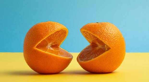 Zwei angeschnittene Orangen, die aussehen, als würden sie zeitgleich sprechen.