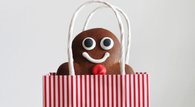 Bild einer rot-weiß gestreiften Papiertüte, aus der eine Lebkuchenfigur herausguckt.
