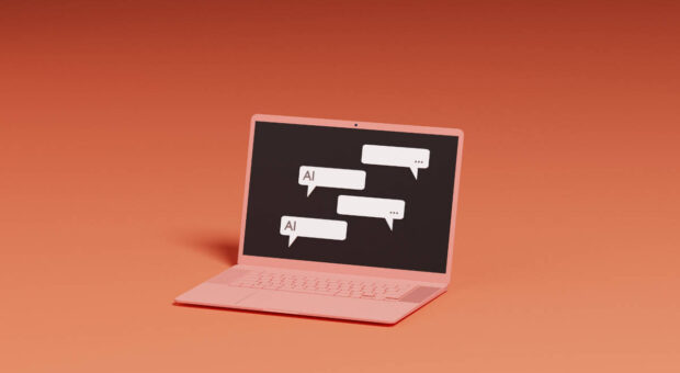 Ein Laptop, der einen Chat anzeigt. In den Chat-Nachrichten steht mehrfach "AI" für Artificial Intelligence.