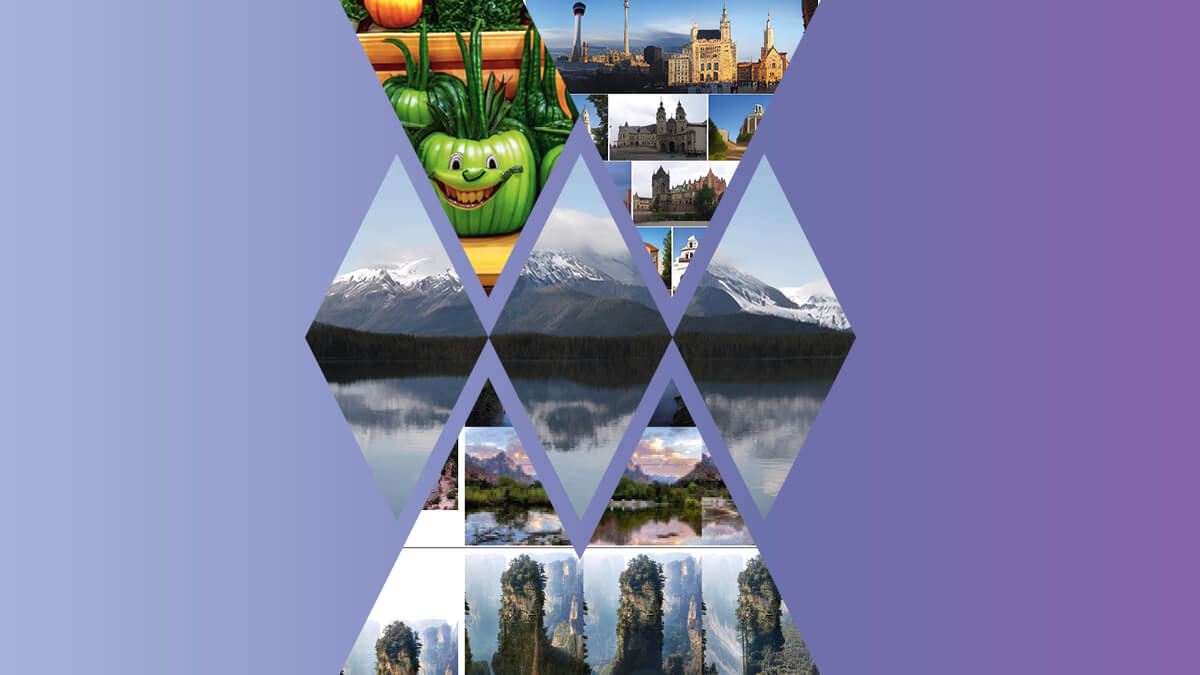 Collage aus Bergen, Schlössern und grinsendem Gemüse mit bunten Farben und geometrischen Formen.