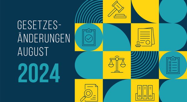 Eine Grafik mit Zeichnungen etwa eines Formulars mit Stempel und Ordnern. Auf der Grafik steht Gesetzesänderungen August 2024