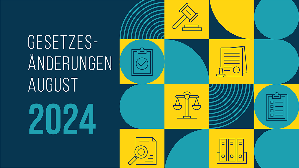 Eine Grafik mit Zeichnungen etwa eines Formulars mit Stempel und Ordnern. Auf der Grafik steht Gesetzesänderungen August 2024