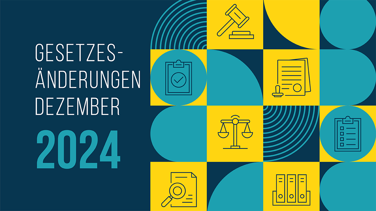 Eine Grafik mit Zeichnungen etwa eines Formulars mit Stempel und Ordnern. Auf der Grafik steht Gesetzesänderungen Dezember 2024