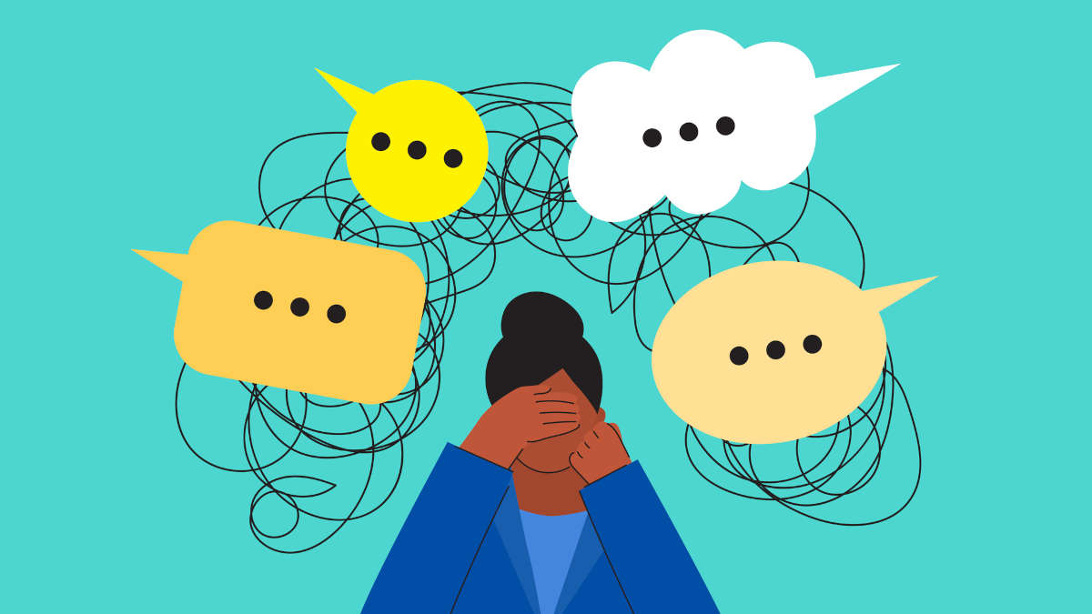 Bild einer Person mit vielen Sprechblasen um sie herum.