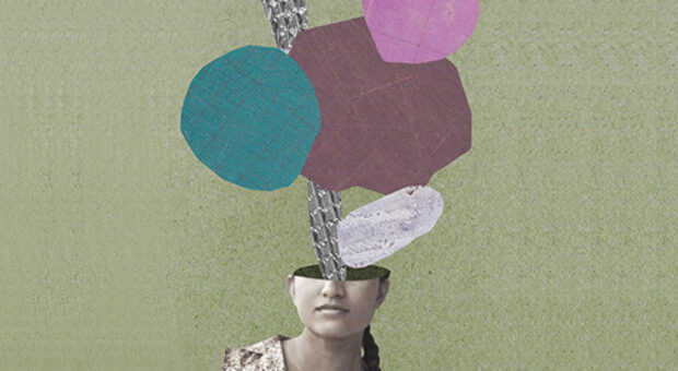 Collage mit einem Frauenkopf und bunten Blasen, die aus dem Kopf empor steigen.