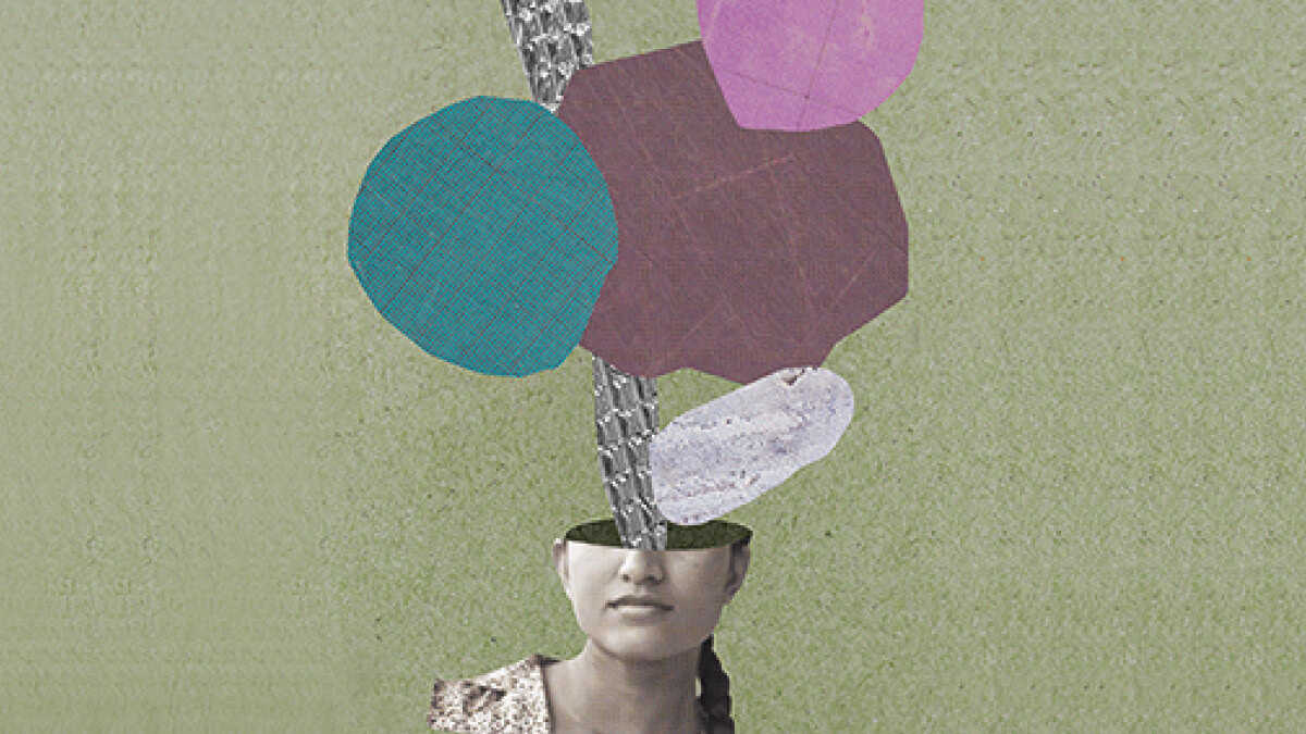 Collage mit einem Frauenkopf und bunten Blasen, die aus dem Kopf empor steigen.