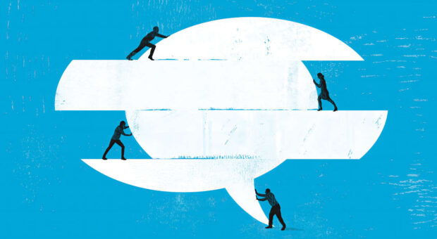 Grafik von vier Personen, die eine Sprechblase in verschiedene Richtungen verschieben.