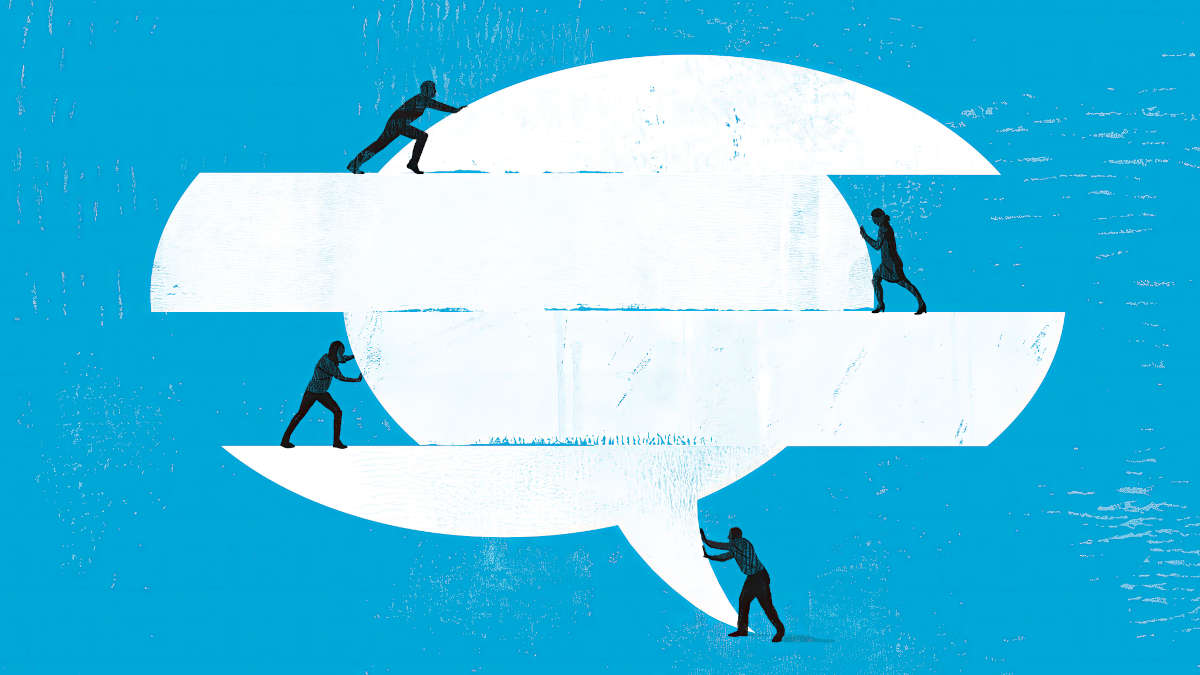 Grafik von vier Personen, die eine Sprechblase in verschiedene Richtungen verschieben.