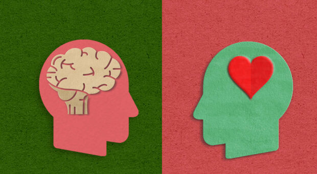 Zwei Seiten auf denen jeweils ein Kopf r zu sehen ist. Ein Kopf hat ein Gehirn und der andere ein Herz "im Kopf".