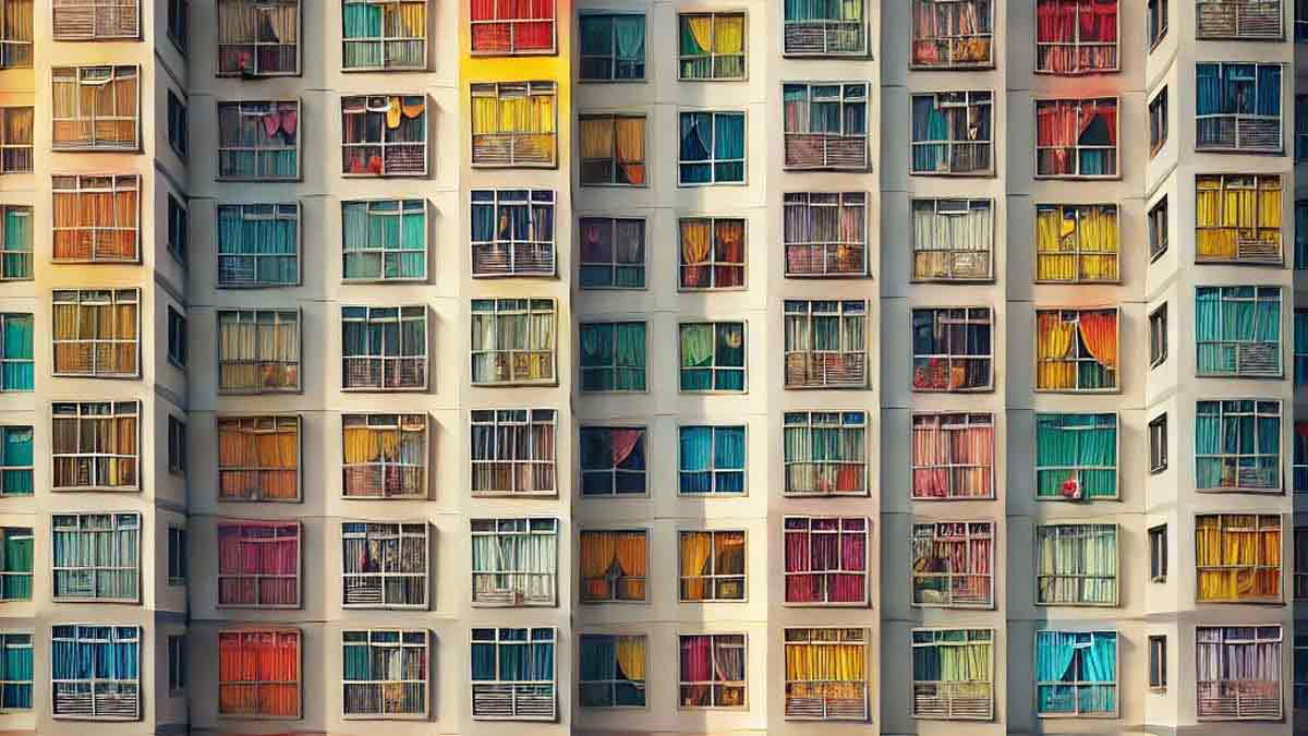 Hochhausfassade mit bunten Vorhängen an den Fenstern.