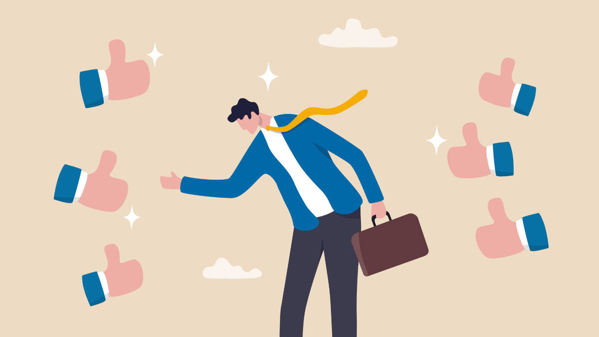 Animiertes Bild mit Geschäftsmann in der Mitte welcher sich verbeugt. Um ihn herum befinden sich Daumen hoch Emojis.