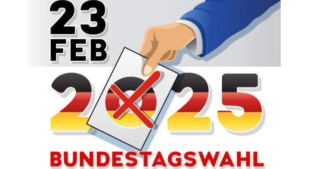 Das Bild zeigt das Datum der Bundestagswahl und eine Hand die einen Wahlschein mit Kreuz in der Hand hat. Unten im Bild steht Bundestagswahl noch einmal ausgeschrieben.