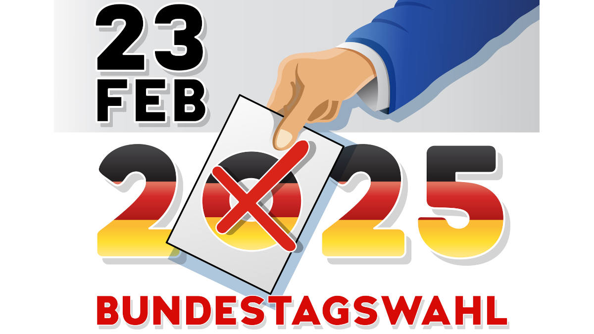 Das Bild zeigt das Datum der Bundestagswahl und eine Hand die einen Wahlschein mit Kreuz in der Hand hat. Unten im Bild steht Bundestagswahl noch einmal ausgeschrieben.