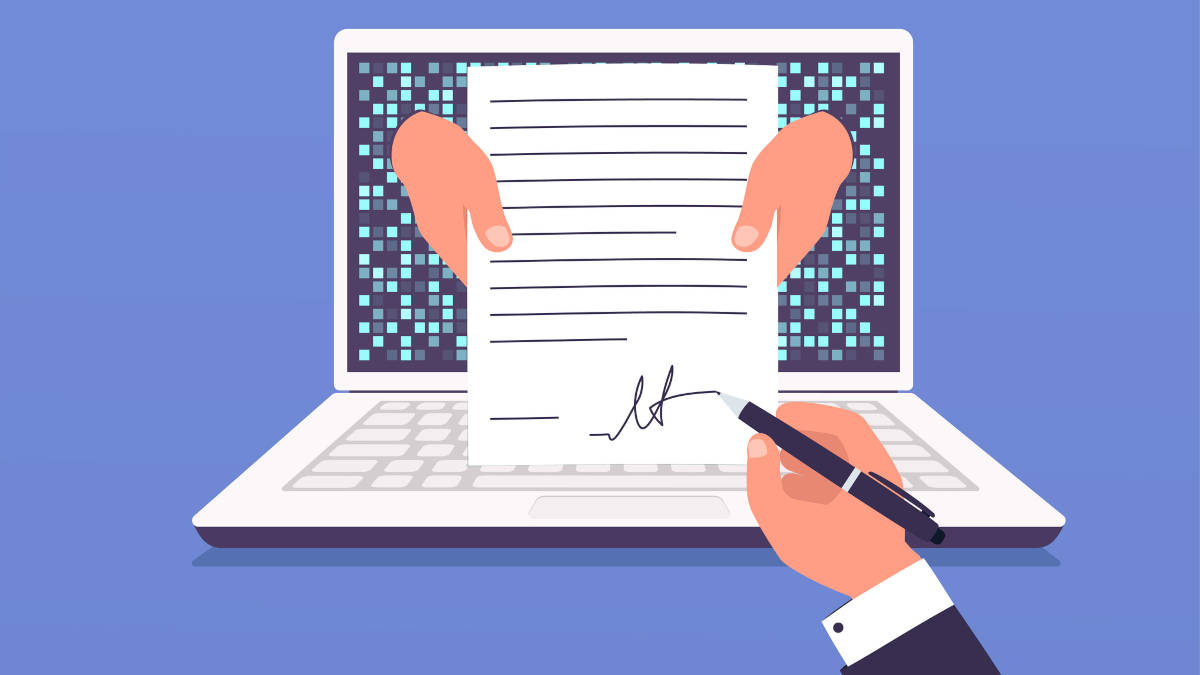 Ein Laptop aus dem Hände mit einem Vertrag rauskommen. Eine andere Person (es ist nur eine weitere Hand mit Kugelschreiber) unterschreibt diesen Vertrag.