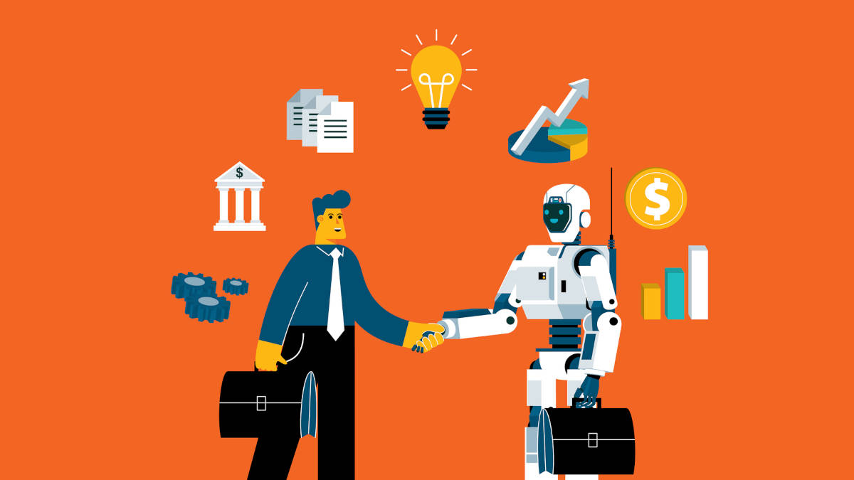 Mann mit Arbeitskoffer und Roboter mit Arbeitskoffer schütteln sich die Hand. Über ihnen schweben Finanz-Symbole