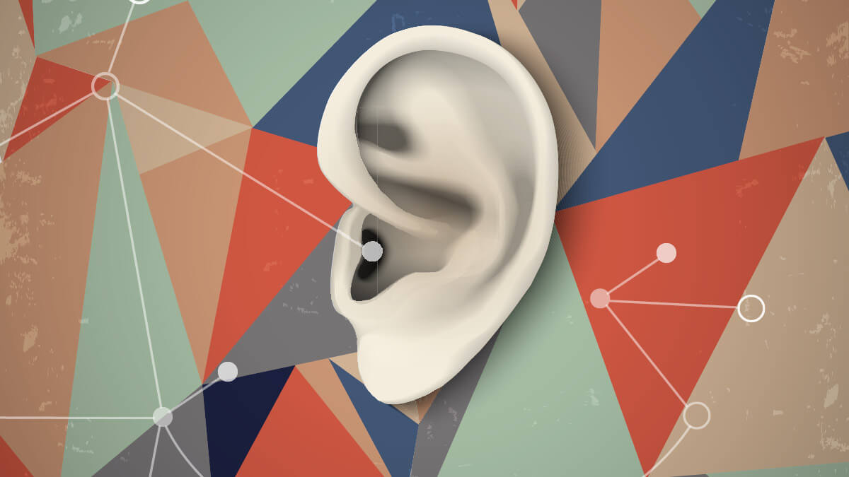 Graphische Darstellung eines Ohres auf abstraktem Hintergrund.