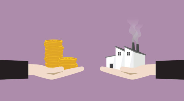 Grafik einer Hand mit einem Stapel Münzen auf der linken und einer Hand mit einem Fabrikgebäude auf der rechten Seite.