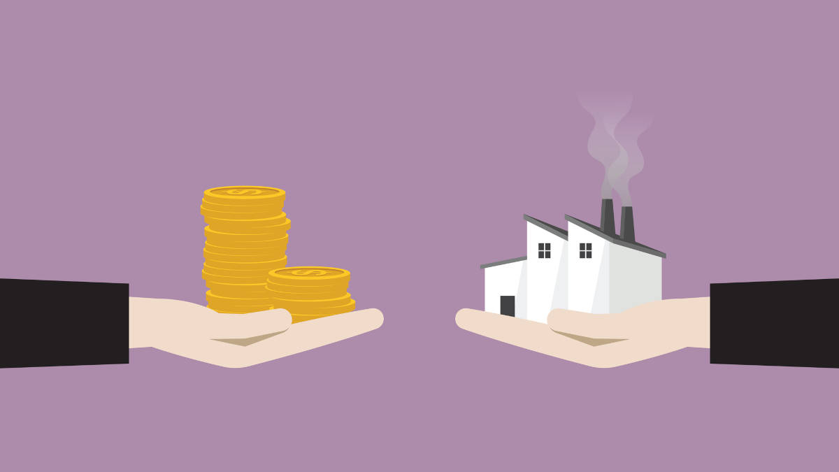 Grafik einer Hand mit einem Stapel Münzen auf der linken und einer Hand mit einem Fabrikgebäude auf der rechten Seite.