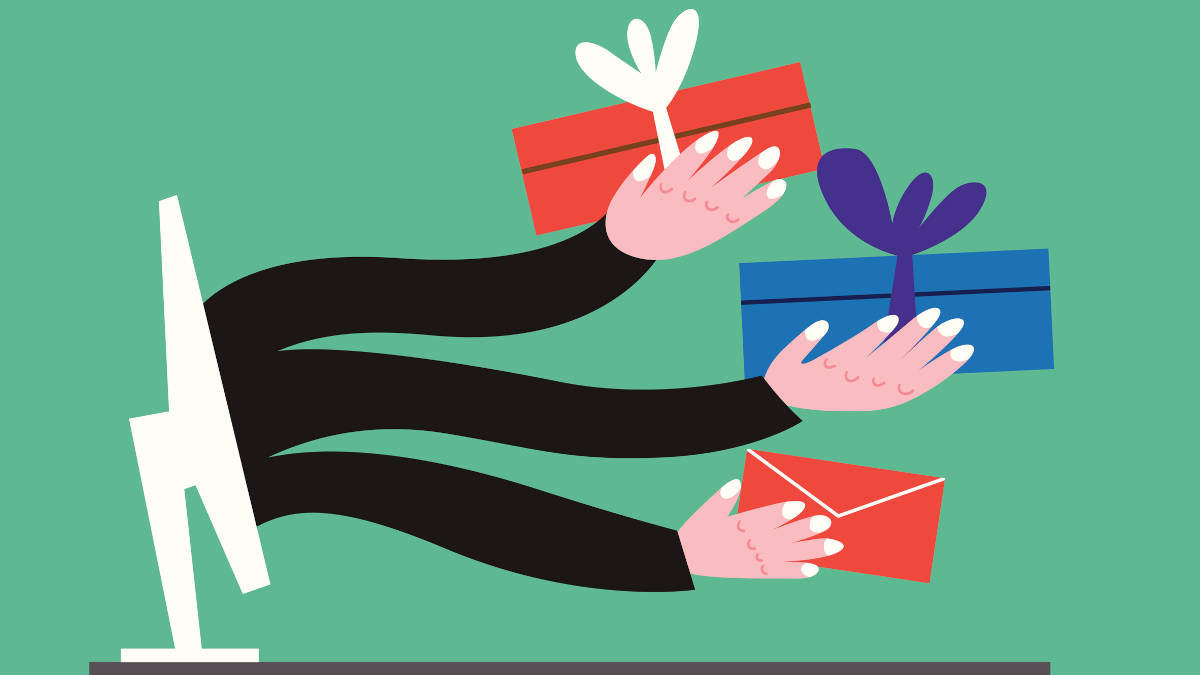 3 Hände kommen mit Geschenken in der Hand aus einem Copmuterbildschirm.