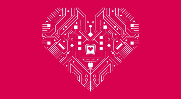 Darstellung eines Herzens, das aus weißen Leiterbahnen und elektronischen Bauteilen besteht – wie eine Platine. In der Mitte befindet sich ein Mikrochip mit einem Herzsymbol. Das Herz befindet sich auf einem rot-rosa Hintergrund.