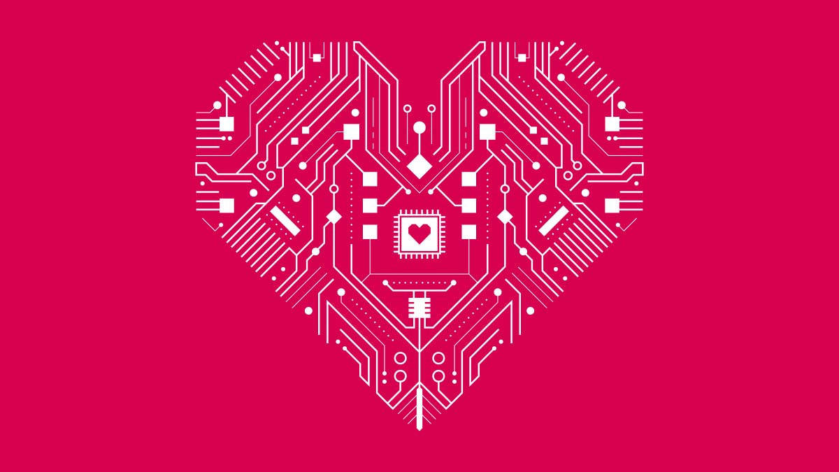 Darstellung eines Herzens, das aus weißen Leiterbahnen und elektronischen Bauteilen besteht – wie eine Platine. In der Mitte befindet sich ein Mikrochip mit einem Herzsymbol. Das Herz befindet sich auf einem rot-rosa Hintergrund.