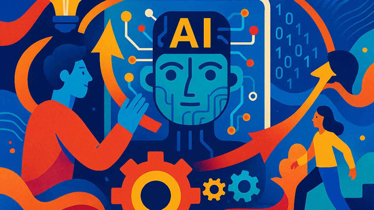Das Bild ist bunt und zeigt Menschen die mit einem Kopf in der Mitte mit dem Schriftzug „AI“ und digitalen Schaltkreisen interagieren.
