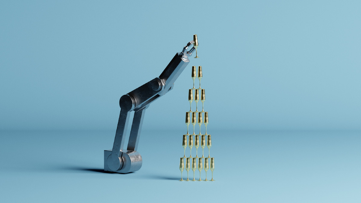 Roboterarm, der eine Pyramide aus Sektgläsern stapelt.