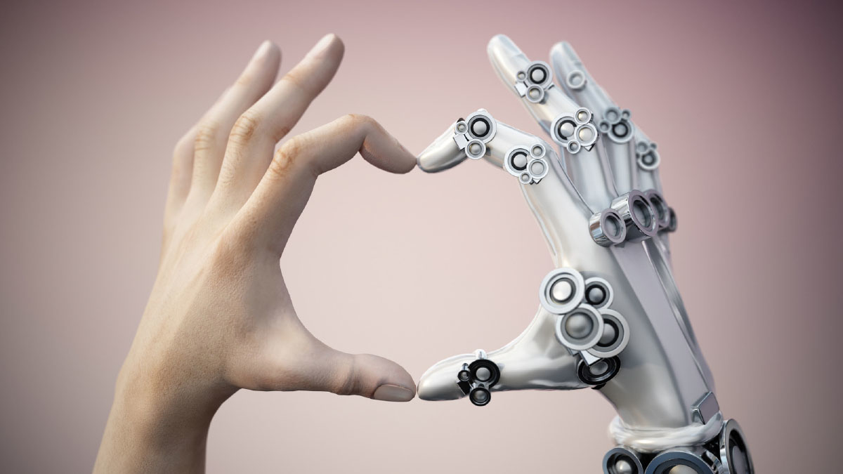 Eine Roboterhand und eine menschliche Hand, die zusammen ein Herz bilden.
