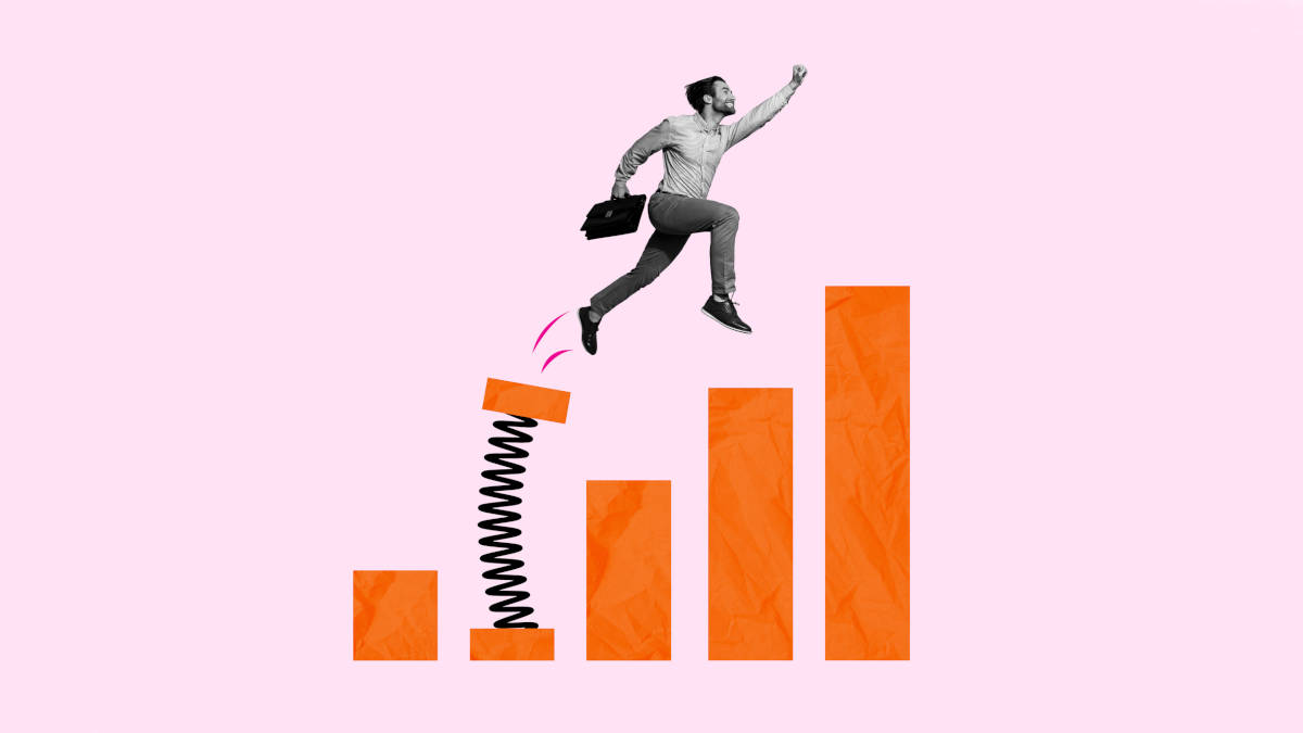 Bild eines Mannes mit Aktentasche, der eine Treppe hinauf läuft und auf der zweiten Stufe von einer Sprungfeder nach oben katapultiert wird