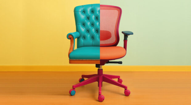 Bild eines Stuhls, der vertikal aus zwei verschiedenen Stühlen zusammengesetzt wurde.