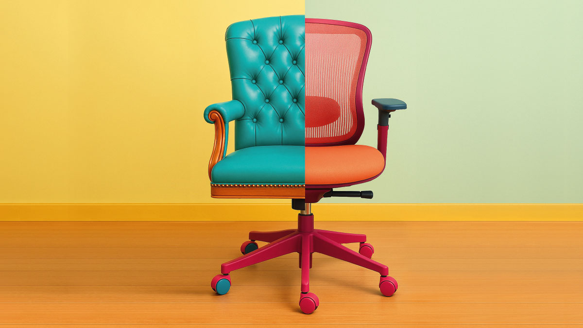 Bild eines Stuhls, der vertikal aus zwei verschiedenen Stühlen zusammengesetzt wurde.