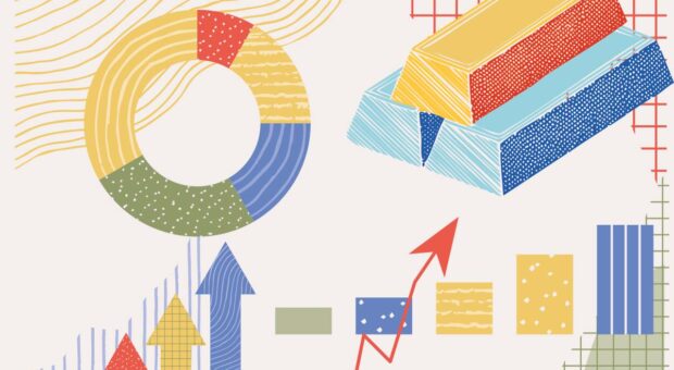 Graphische Darstellungen von Dingen, die man mit Finanzen assoziiert. Beispielsweise Kreis- und Balkendiagramme, Wachstumskurven und Goldbarren.