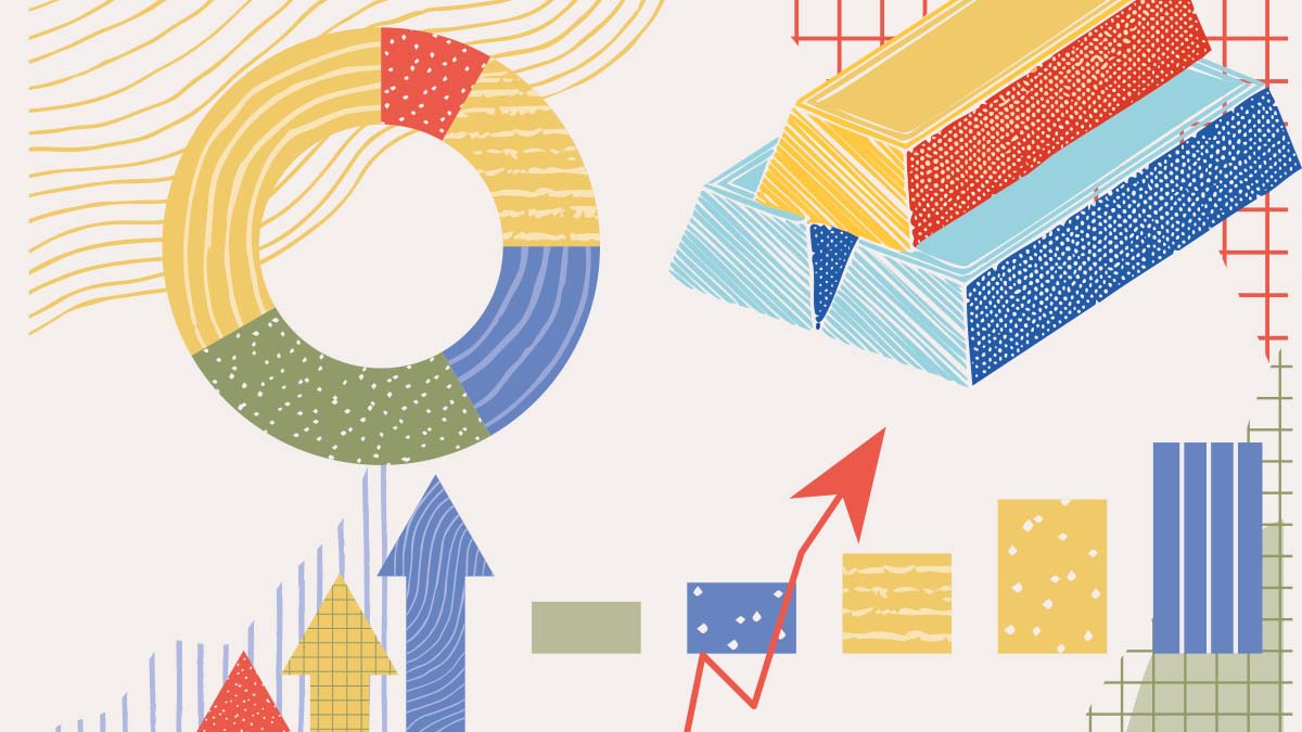 Graphische Darstellungen von Dingen, die man mit Finanzen assoziiert. Beispielsweise Kreis- und Balkendiagramme, Wachstumskurven und Goldbarren.