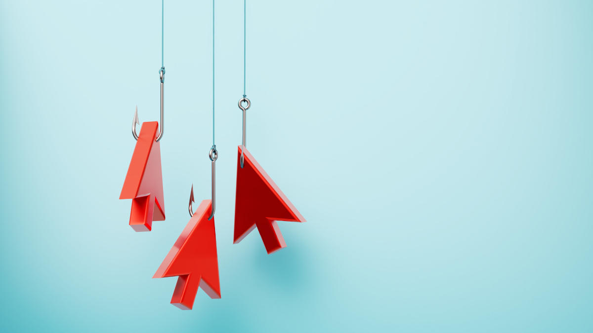 Drei rote Mauszeiger, die jeweils an einem Haken hängen vor blauem Hintergrund