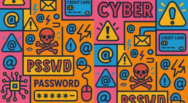 Collage im Comic-Stil, die verschiedene Symbole zum Thema Cyber-Security enthält