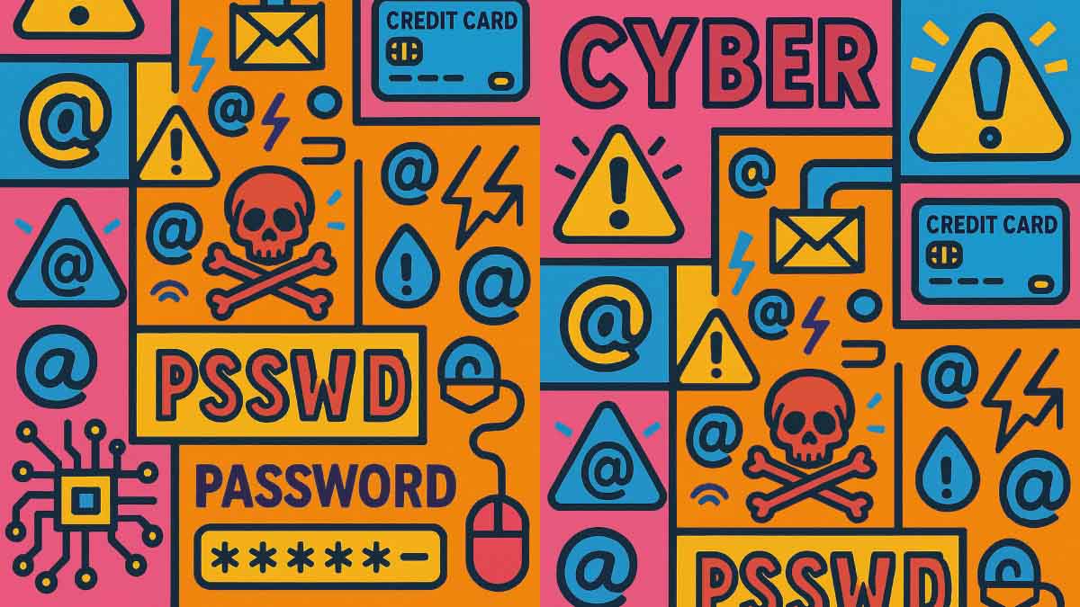 Collage im Comic-Stil, die verschiedene Symbole zum Thema Cyber-Security enthält