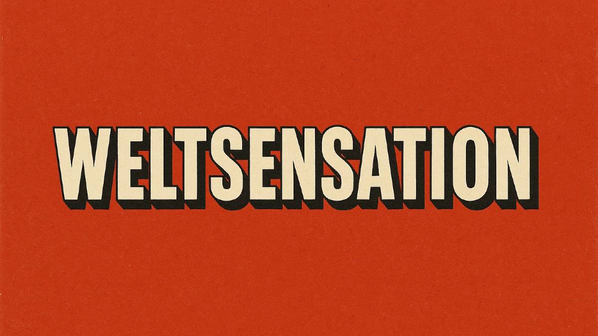 Eine Illustration: Auf rotem Hintergrund steht das Wort "Weltsensation"