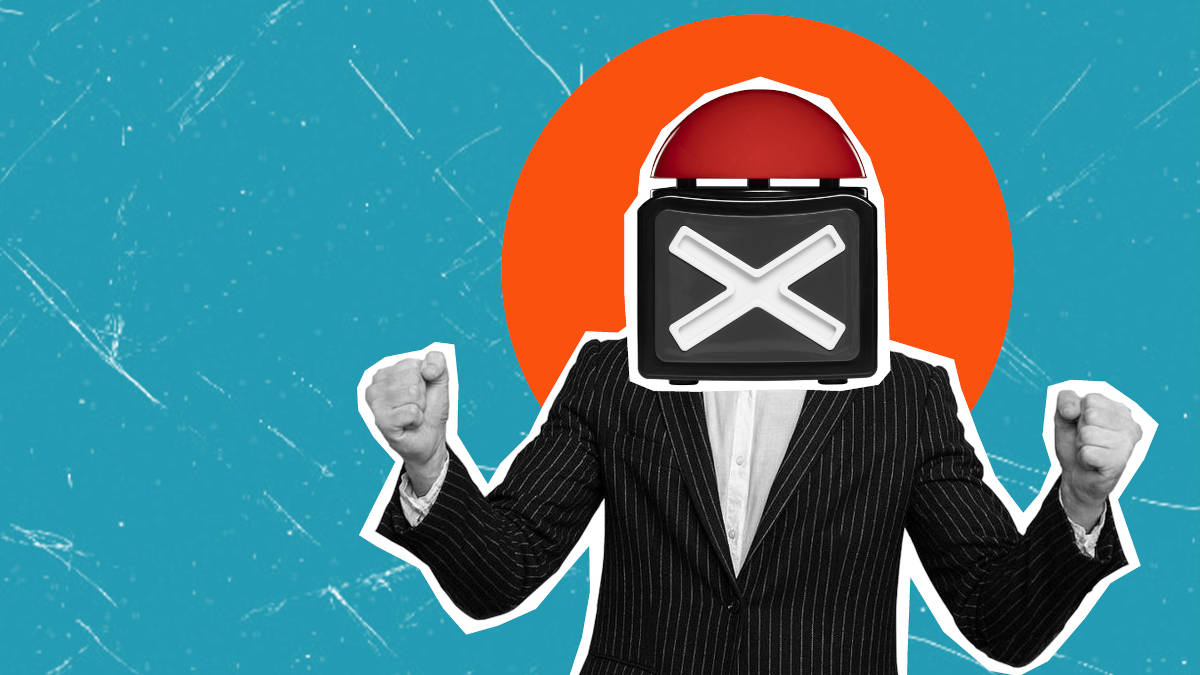 Mann im Anzug, der sich ärgert und keinen Kopf sondern einen Buzzer-Knopf mit einem X darauf hat.