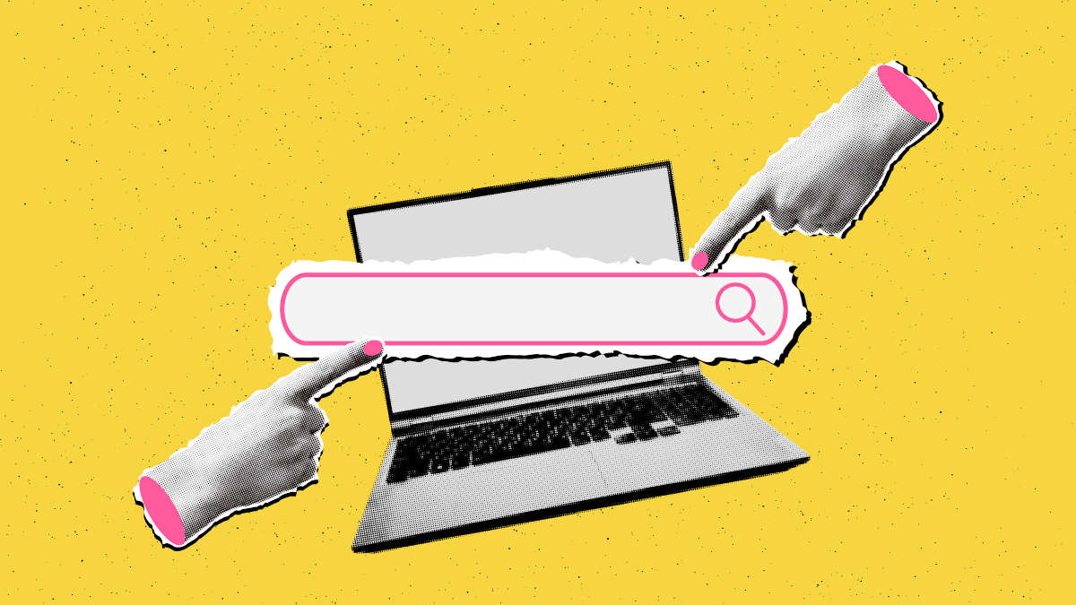 Collage von zwei Händen, die auf eine Suchmaschinen-Leiste zeigen, mit einem Laptop im Hintergrund