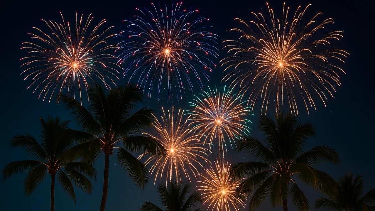 Feuerwerk am Nachthimmel, darunter Palmen