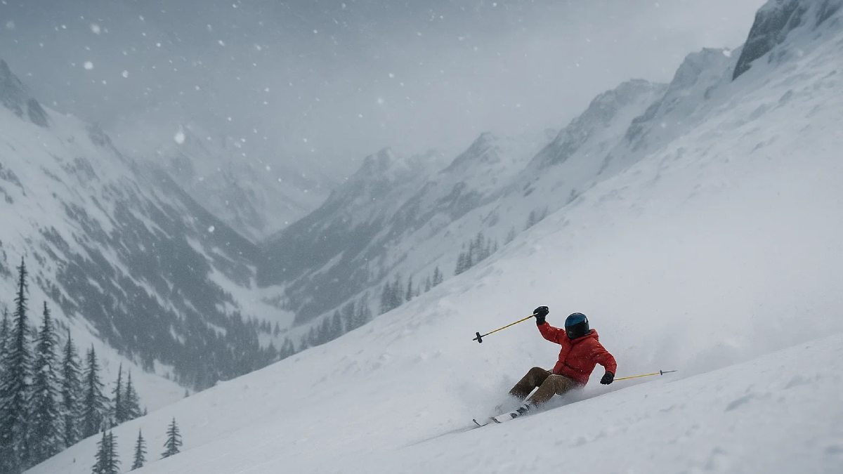 Ein Skifahrer auf der Piste, er scheint zu stürzen