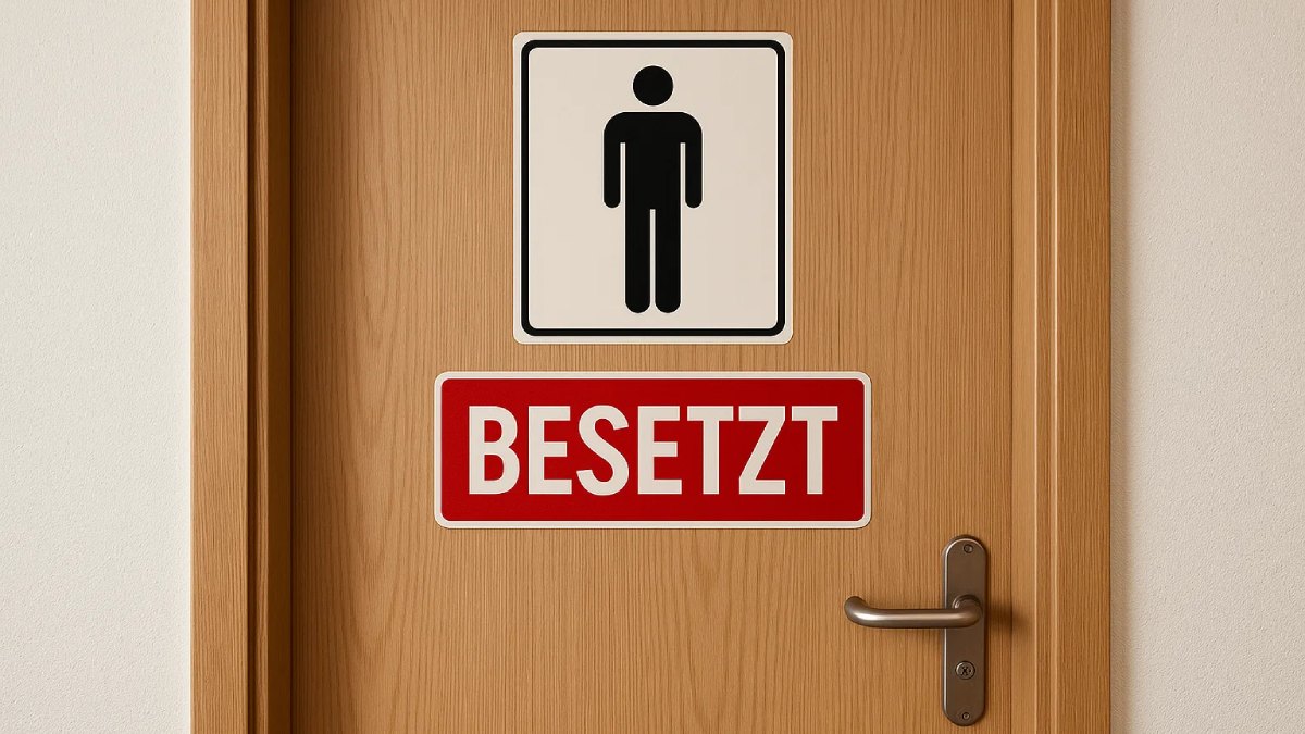 Eine Tür einer Männertoilette mit einem "besetzt"-Zeichen