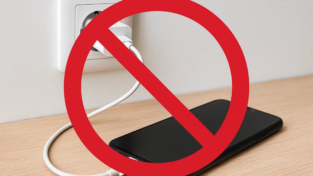 Ein Handy, das geladen wird - darüber ein durchgestrichener Kreis der suggeriert, dass Handyladen verboten ist