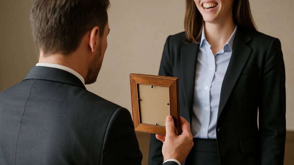 Ein im Anzug ist von hinten zu sehen, er zeigt einer Frau einen Bilderrahmen. Die Frau, auch schick angezogen, lacht