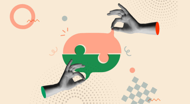 Abstrakte Abbildung: Zwei Hände berühren zwei Sprechblasen, die wie Puzzleteile ineinander greifen.