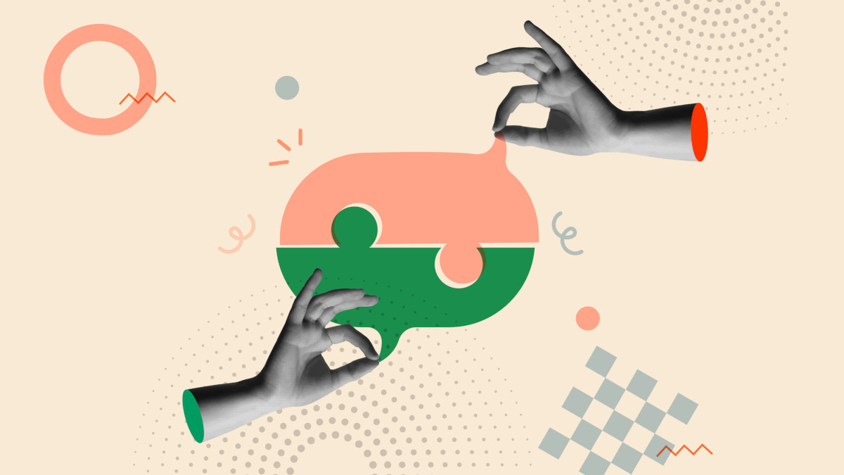 Abstrakte Abbildung: Zwei Hände berühren zwei Sprechblasen, die wie Puzzleteile ineinander greifen.