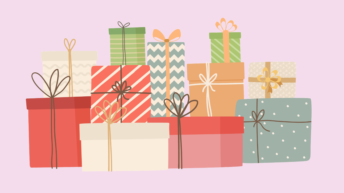 Ein bunter Stapel Geschenke vor rosa Hintergrund